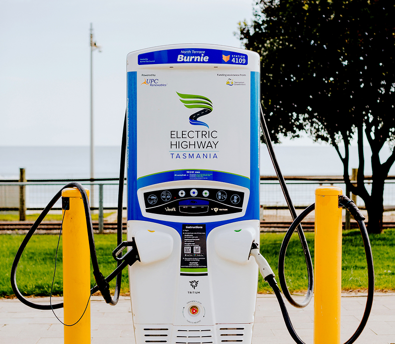 Electric vehicle charging station beside a highway in Tasmania