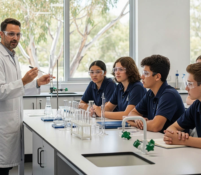 Students participating in a science experiment lesson with their teacher