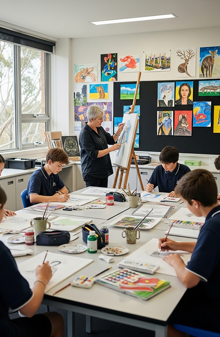 High school art teacher guiding student during a painting lesson