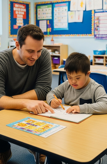 Special education teacher and Down syndrome student working on a drawing activity together