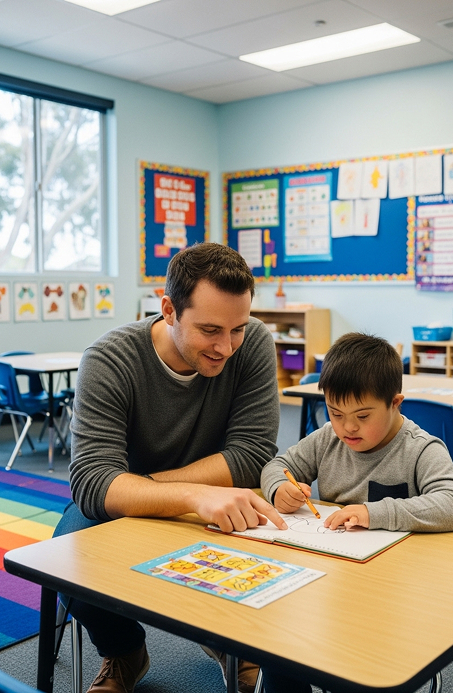 Special education teacher guiding a drawing activity in class