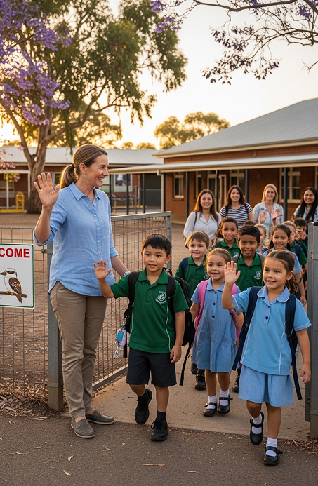 Teacher waving goodbye to students from the gate of a rural school