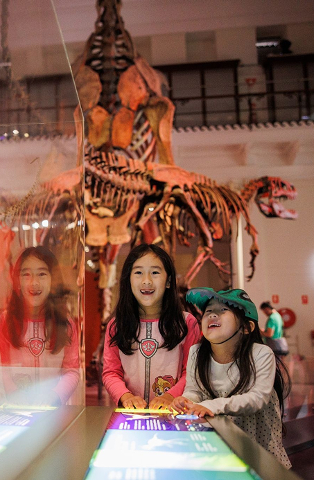 Two children viewing dinosaur skeletons and models at the Australian Museum’s Dinosaurs Gallery