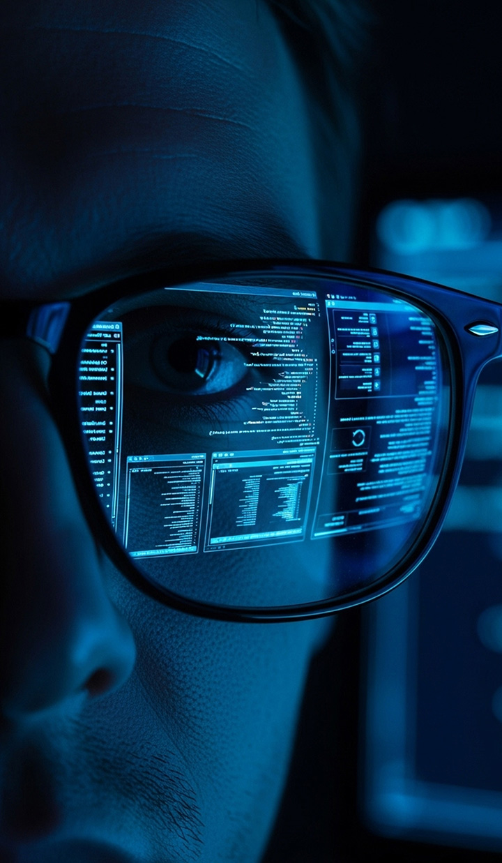 Close-up of a man wearing glasses with lines of computer code reflected on the lenses