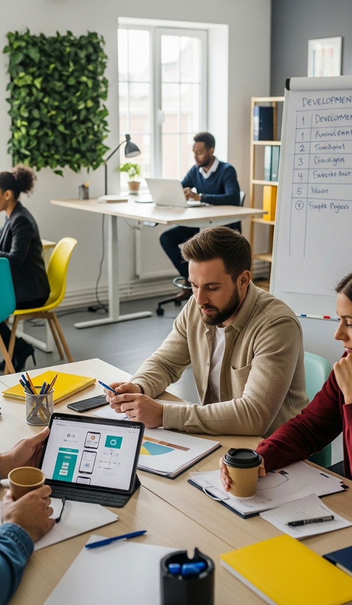 A team working together in an office with a tablet on the table
