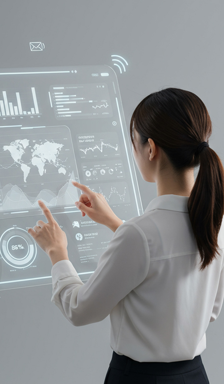 A woman with her fingers in the air interacting with a holographic display