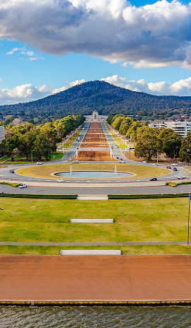 Aerial view down ANZAC Parade towards the Australian War Memorial with Mount Ainslie in the background