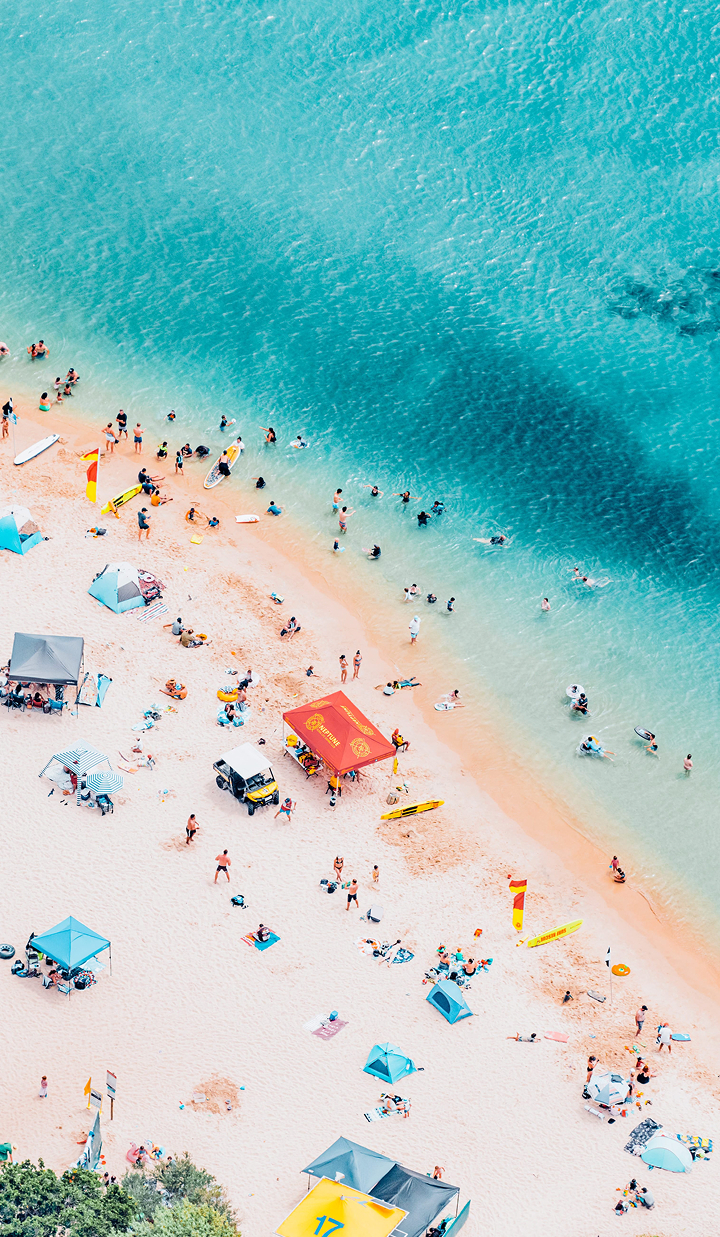 Aerial Birds Eye view of a busy beach