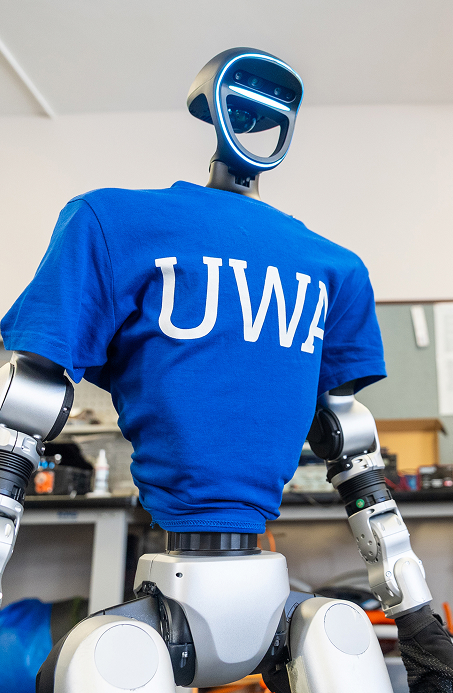 Robot developed at UWA standing in a laboratory setting.
