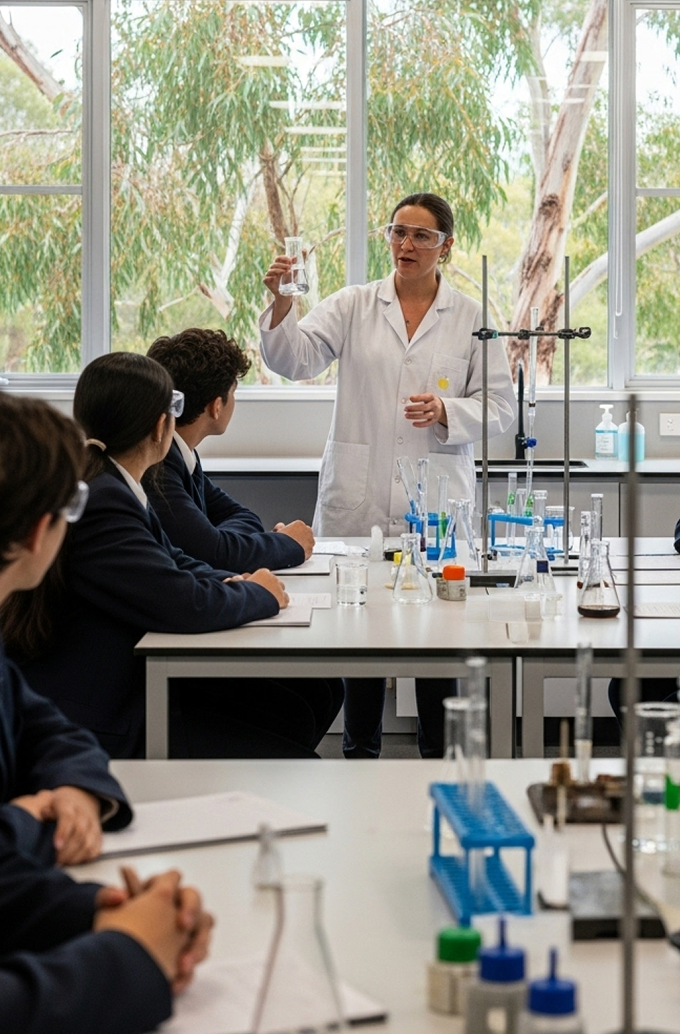 Female science teacher demonstrating an experiment to high school students in a classroom.