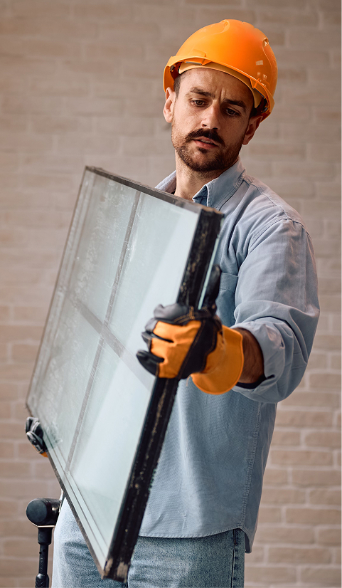 Construction worker in an orange hard hat and gloves carrying a large glass window panel