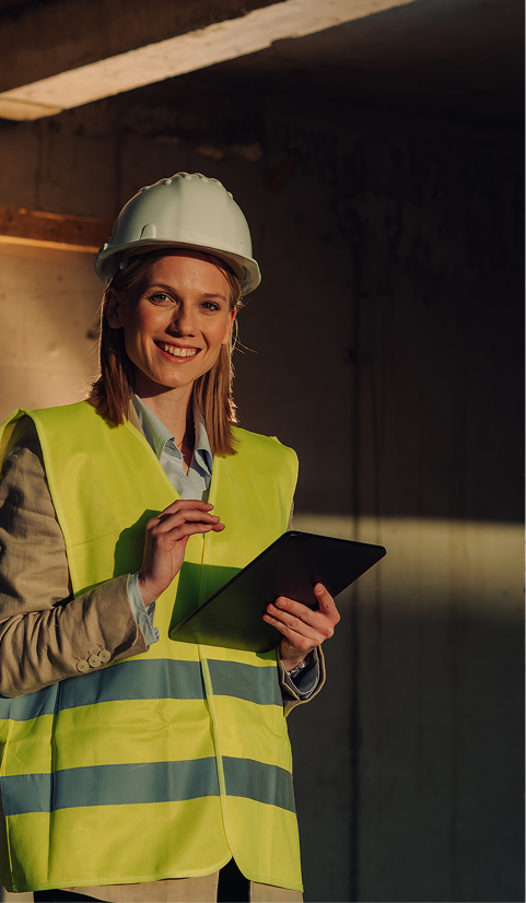 Female construction professional wearing a hard hat and high-visibility vest, smiling while using a tablet on site