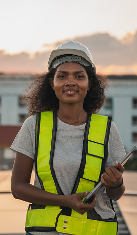 Female engineer wearing a hard hat and high-visibility vest holding a tablet on a rooftop at sunset