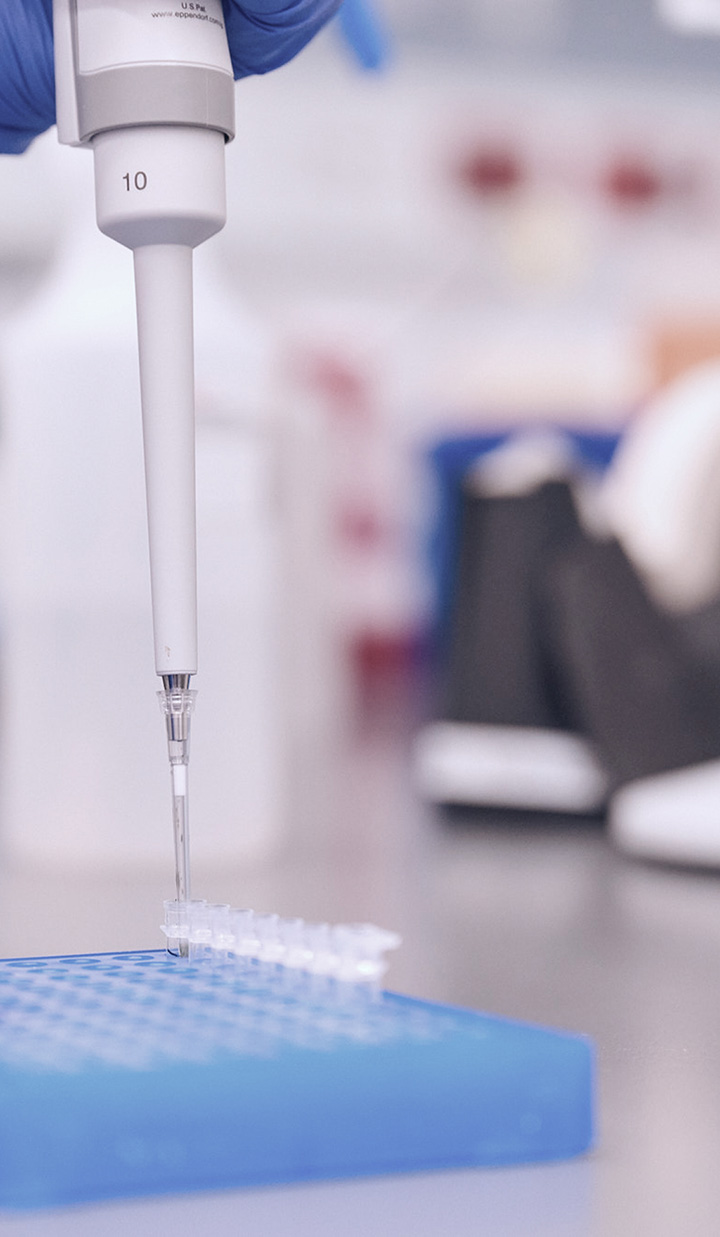 close-up of pipette dispensing liquid into microcentrifuge tubes on blue rack in laboratory