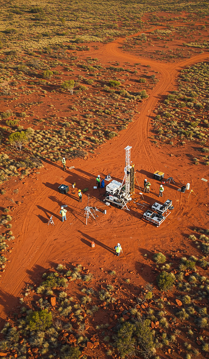 Geoscientists conducting a mineral exploration survey in the Australian outback, using drones, satellite mapping tablets, and portable drilling rigs, expansive landscape, vibrant natural colours