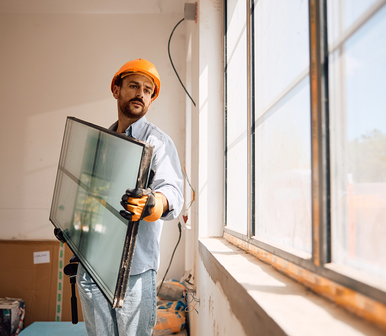 Glazier working carrying window frames