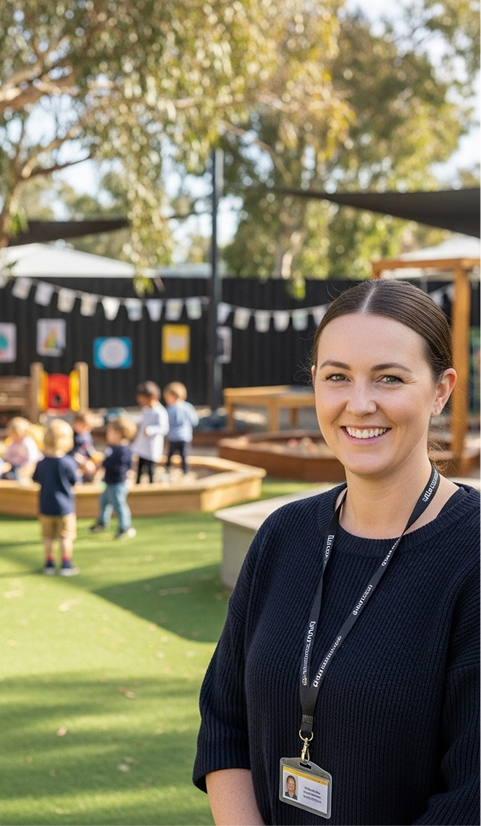 School educator at the school playground with kids playing