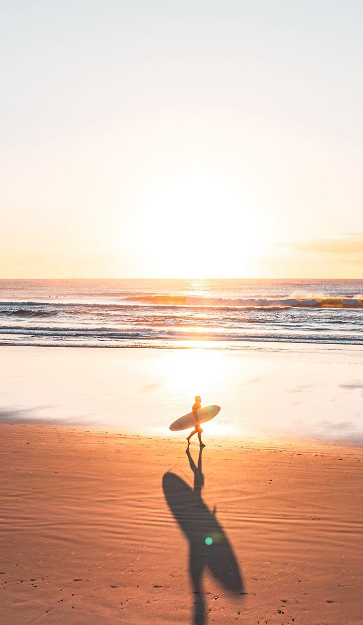 Surfer walking on the beach at sunset with board