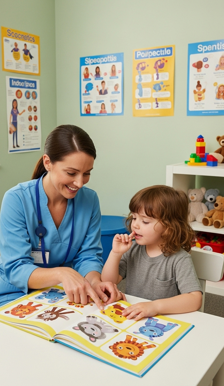 A healthcare professional is sitting at a table with a child, pointing to pictures in an open book in a room decorated with educational posters and toys.