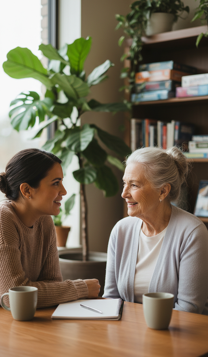 Two people are sitting at a wooden table with coffee mugs and a notebook, having a conversation in a cozy room with a large plant and a bookshelf in the background.