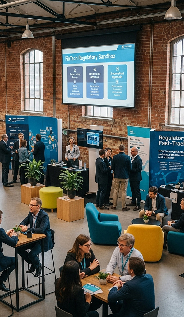 A business event with stands and displays, with people talking and networking
