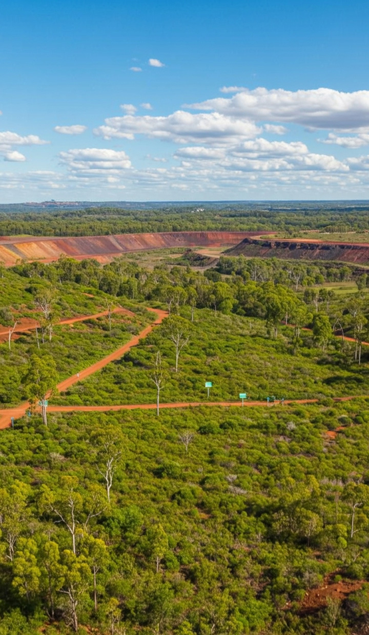 A rehabilitated mining tailings site in Australia with lush vegetation, native trees, signage for successful resource waste management and environmental restoration, under sunny skies.