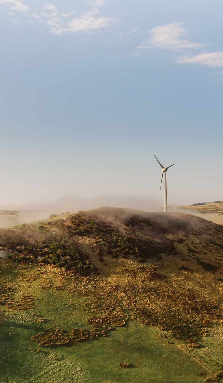 A wind turbine standing on a hill surrounded by green vegetation and mist under a clear sky.