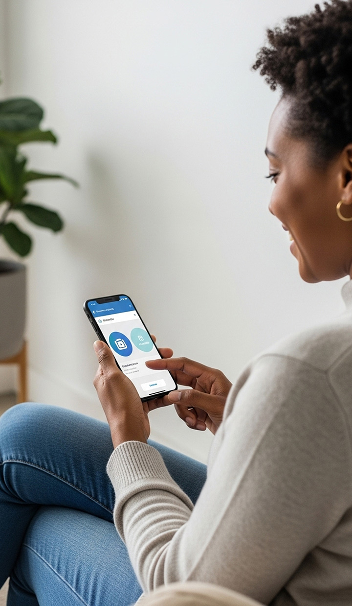 A woman sitting down looking at her phone