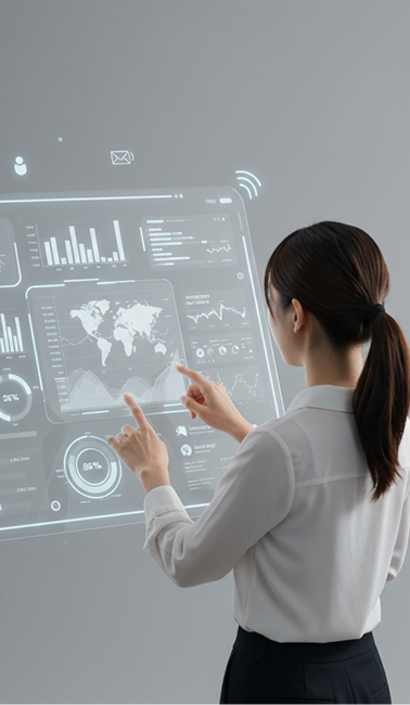 A woman with her fingers in the air interacting with a holographic display