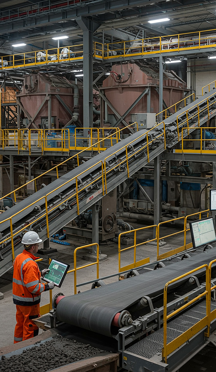 Advanced mineral processing plant with conveyor belts, flotation tanks, laser sorting equipment, and engineers in high-visibility gear monitoring control screens_ technical and industrial aesthetic.