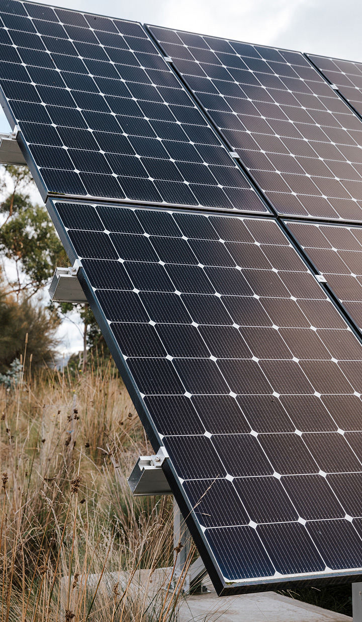 Close-up of solar panels in a grassy outdoor area.