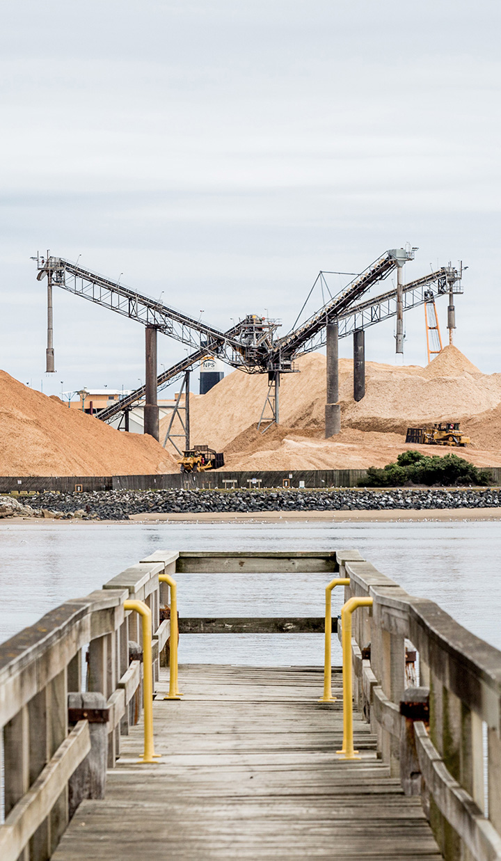 Excavator machines transporting material in a deposit site with cranes and conveyor belts depositing piles of the commodity.