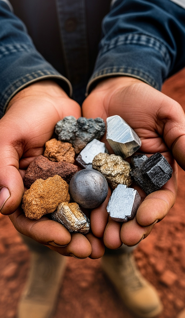 Photorealistic image of rough, workman hands holding lithium, nickel, and cobalt against a hot, sunlit Australian mine landscape.