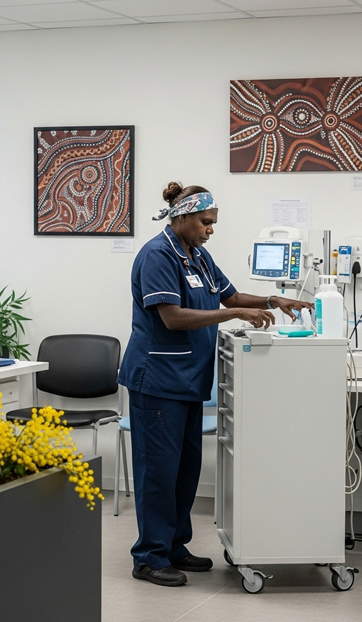 nurse preparing equipment hospital aboriginal art