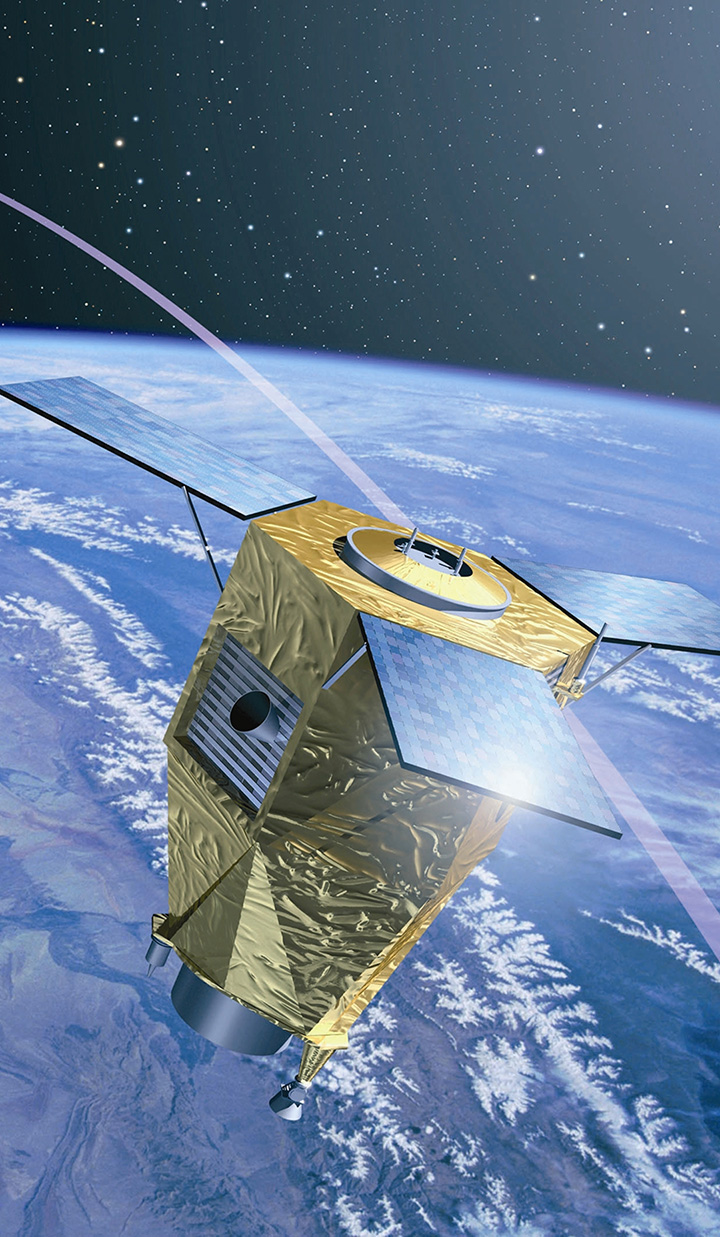 Satellite orbiting Earth with stars in background.