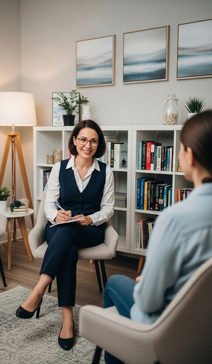 smiling female counsellor clipboard office