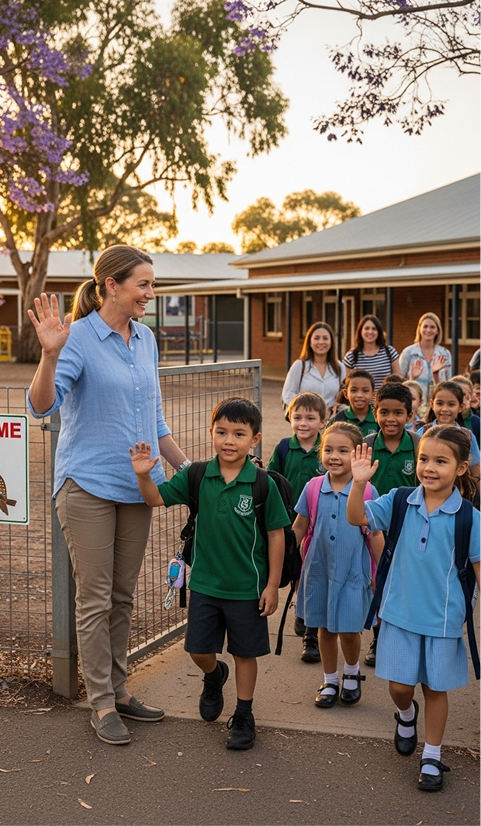 Teacher greeting students gate.