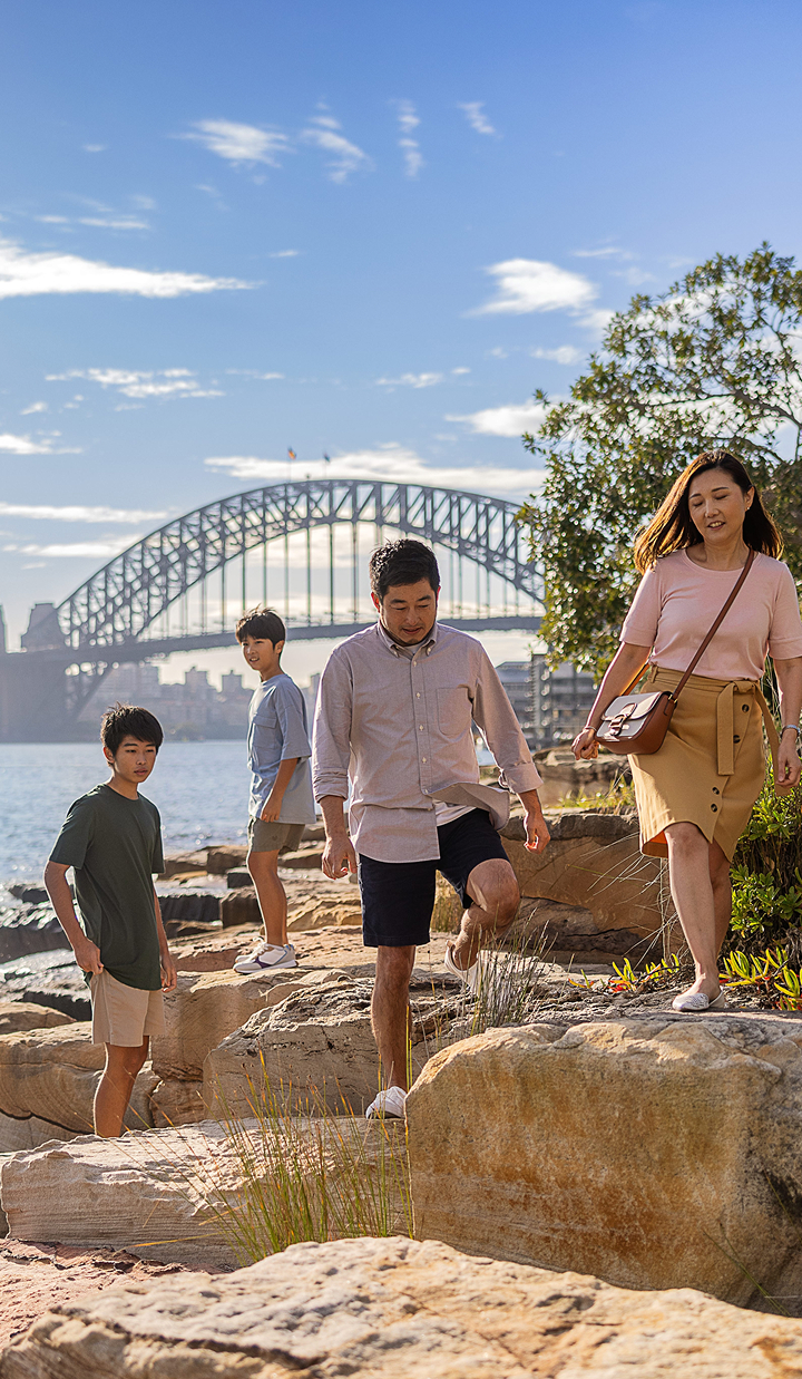 family walking on rocks with Sydney Harbour Bridge in the background