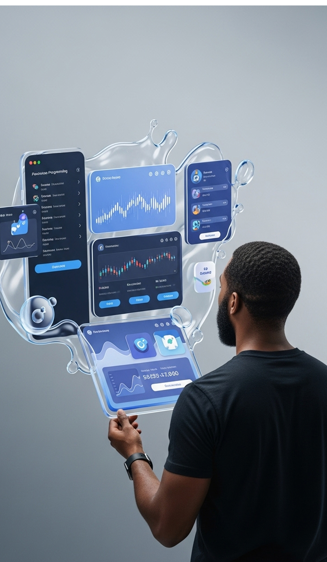 A visualisation of a man watching the stock market on a floating display
