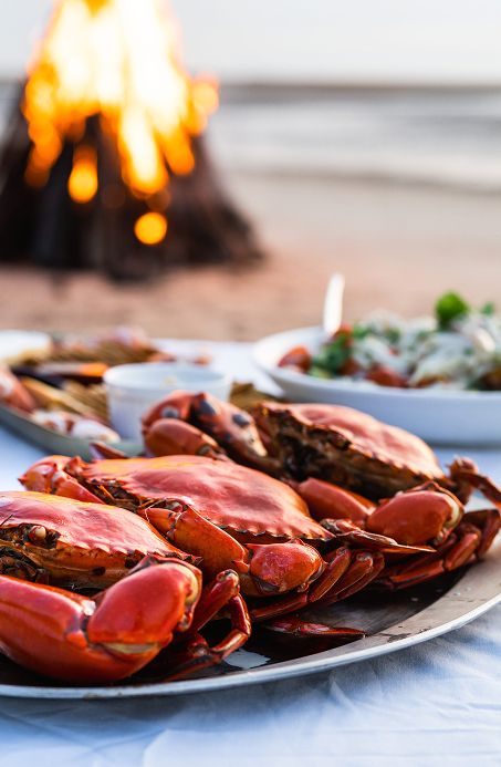 Plated crab and fresh salad with a beachside campfire visible in the distance