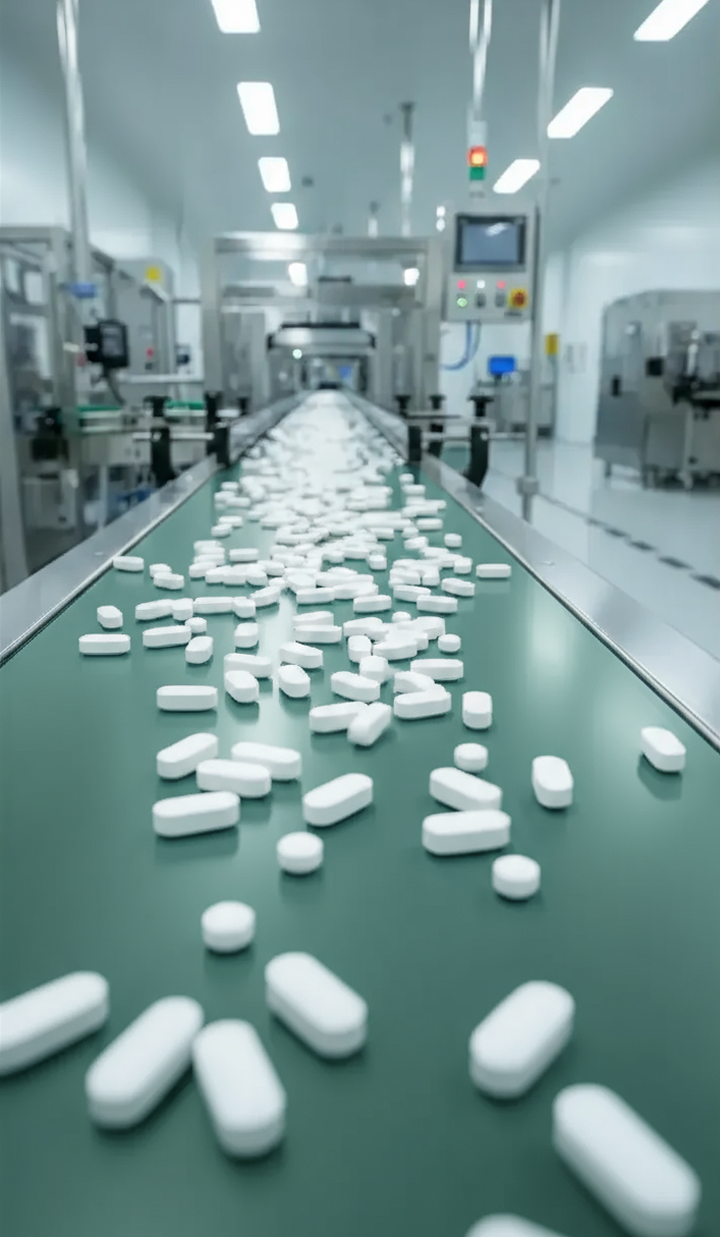 White pills move along a green conveyor belt under laboratory lights in a clean manufacturing facility