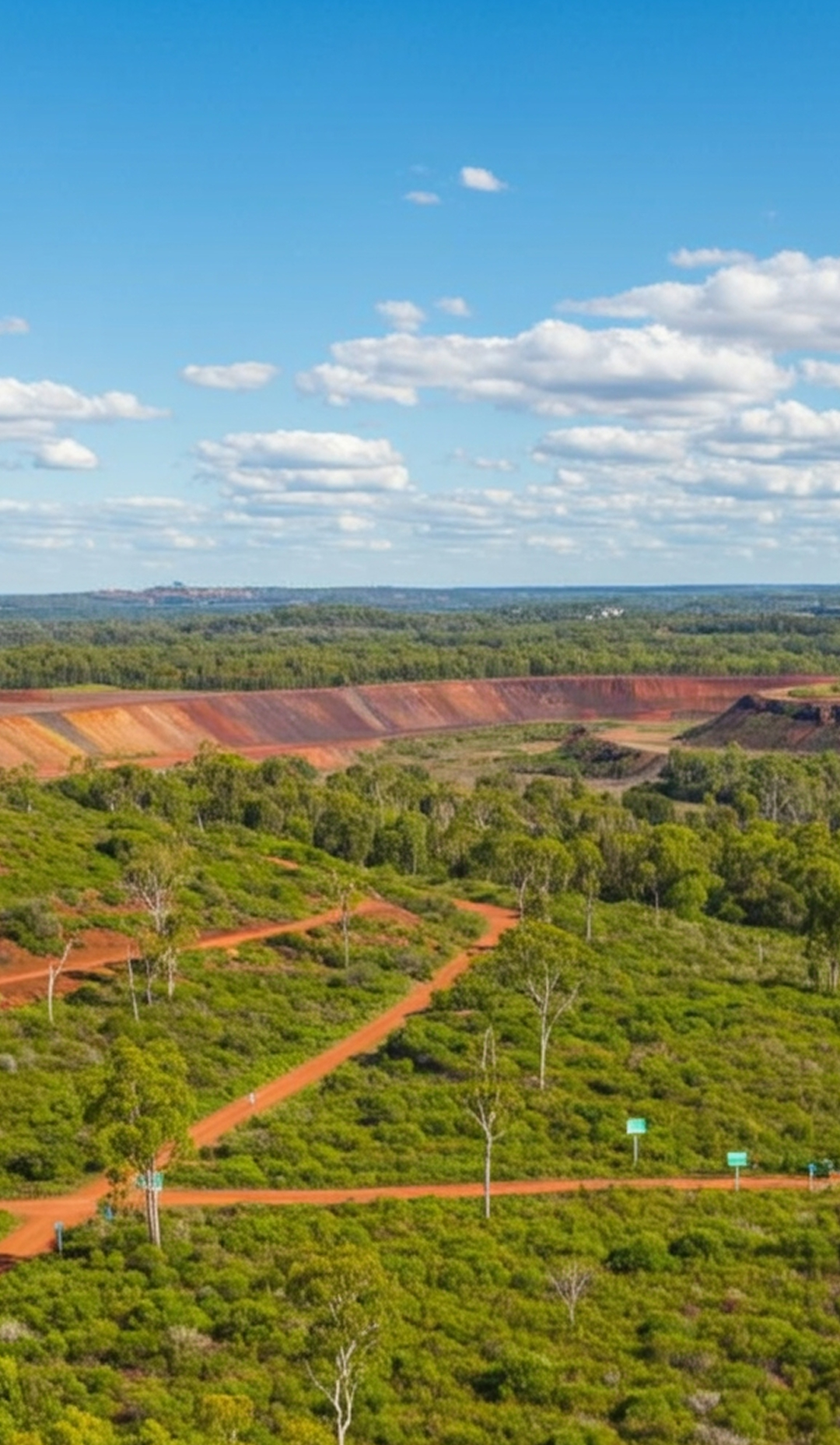 A rehabilitated mining tailings site in Australia with lush vegetation, native trees, signage for successful resource waste management and environmental restoration, under sunny skies