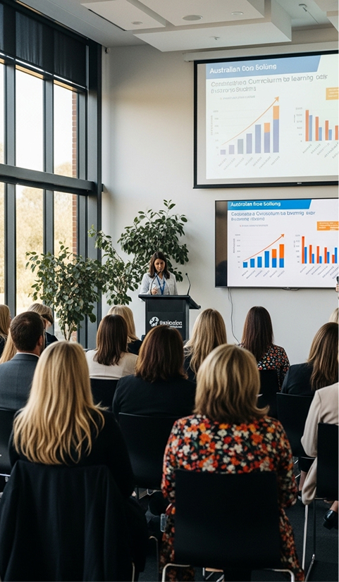 A speaker presents to an audience in a conference room, with graphs displayed on two large screens.
