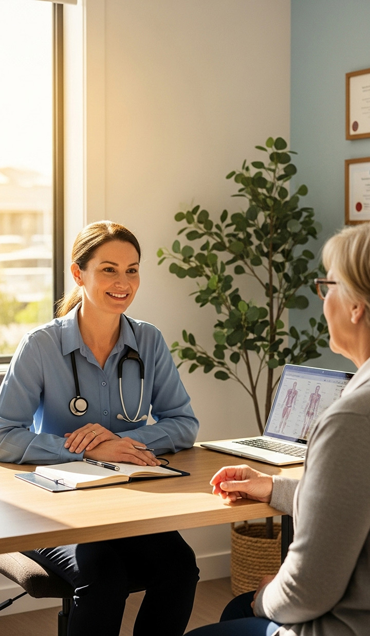 A doctor sits at a desk speaking with a patient, with a laptop displaying anatomical diagrams open between them in a bright medical office
