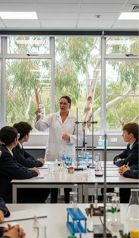 A science teacher in a lab showing students an experiment