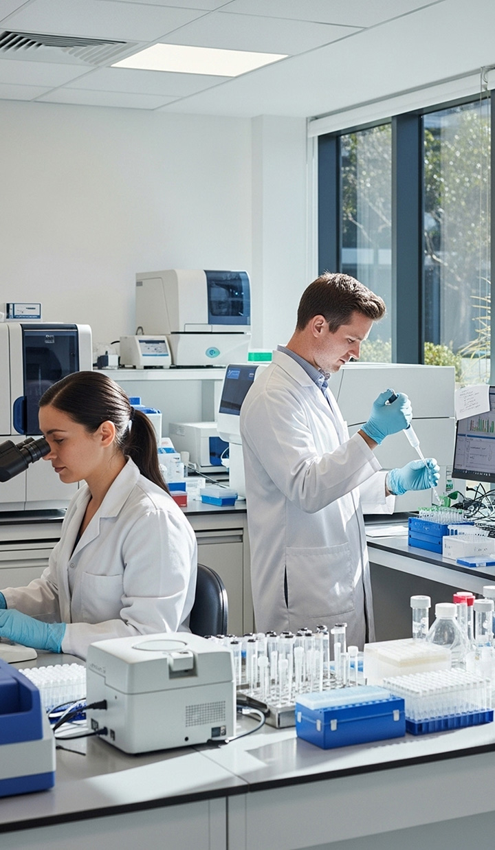 Two scientists in a modern lab working on a microscope and using a pipette 