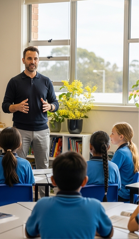 A teacher stands at the front of a classroom speaking to a group of students seated at their desks.