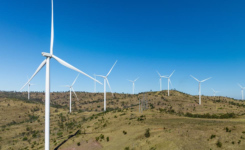 A landscape of grassy hills with multiple large white wind turbines under a clear blue sky