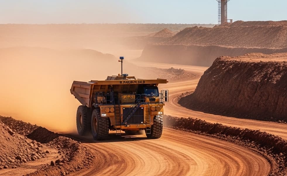 Large autonomous haul truck driving on dusty red earth roads in a sunlit open-pit mine in Western Australia.