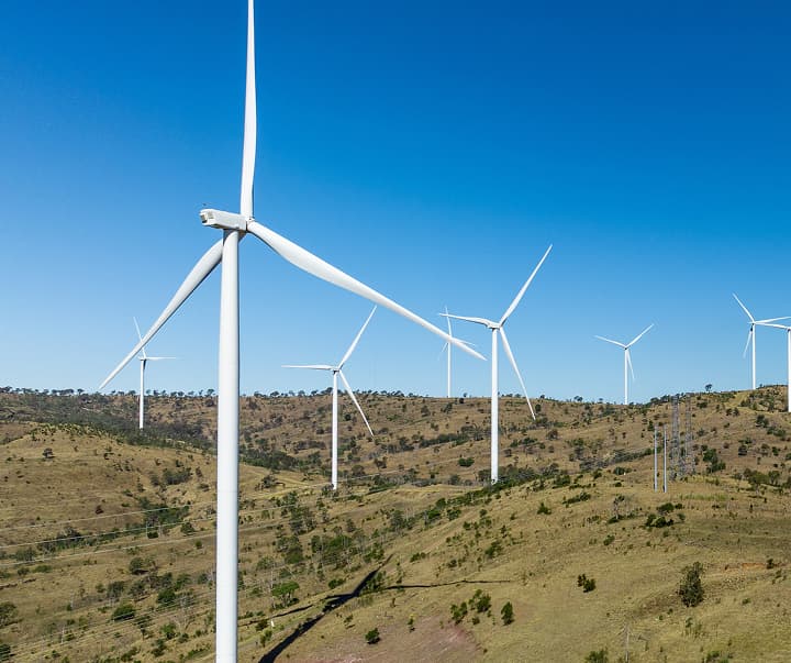 A landscape of grassy hills with multiple large white wind turbines under a clear blue sky